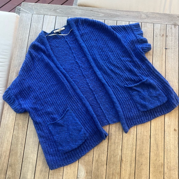 Manos Del Uruguay Sweaters - Handmade Blue Open-Front Short Sleeve Cardigan